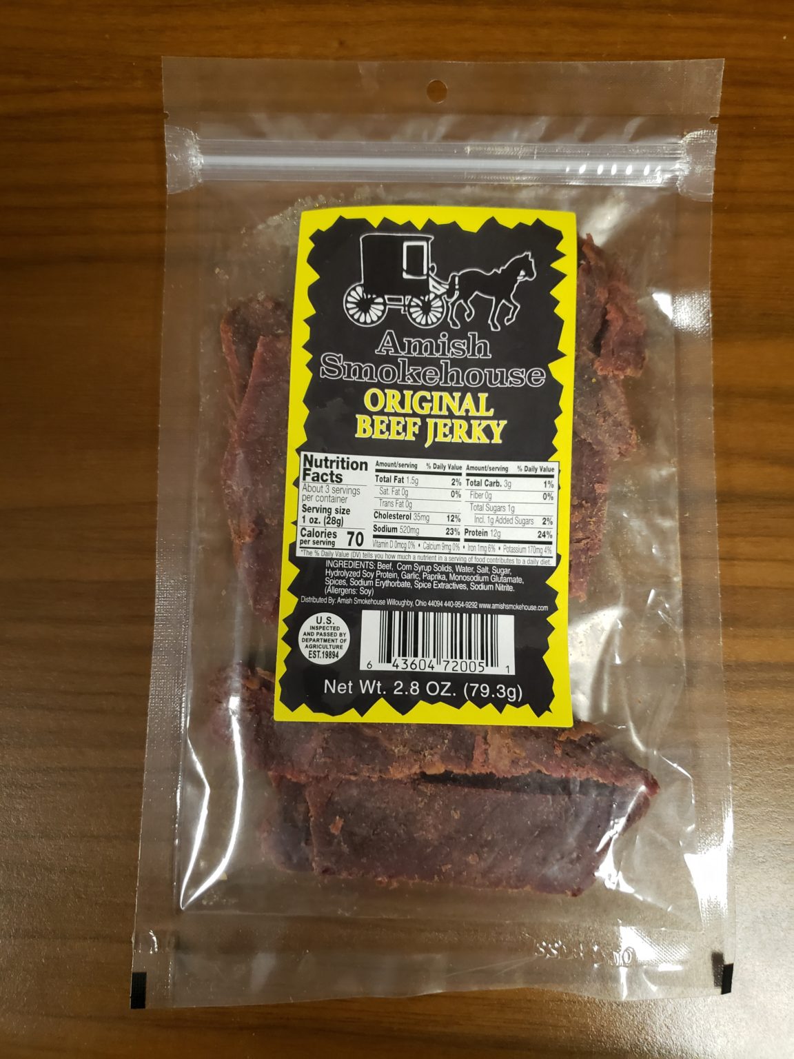 Original Mild Beef Jerky 2.8oz Bag Amish Smoke House