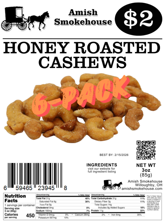 Amish Smokehouse Honey Roasted Cashews (6-Pack)